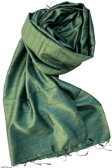 100% valódi hernyóselyem borostyánzöld színű nyers selyem sál 70x180cm