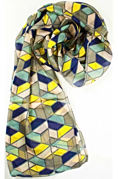 Kék, zöld, szürke és rózsaszín geometriai mintás 100% valódi hernyóselyem sál 50x180cm