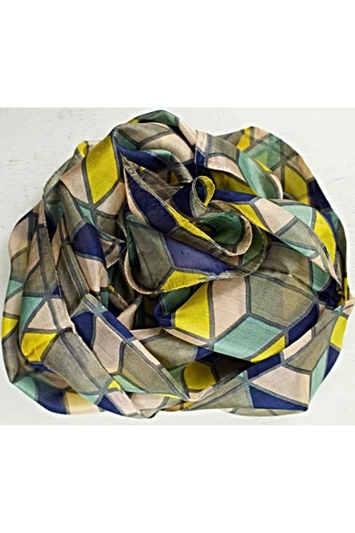 Kék, zöld, szürke és rózsaszín geometriai mintás 100% valódi hernyóselyem sál 50x180cm