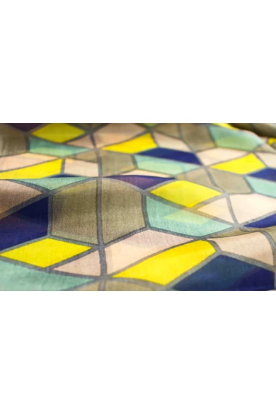 Kék, zöld, szürke és rózsaszín geometriai mintás 100% valódi hernyóselyem sál 50x180cm