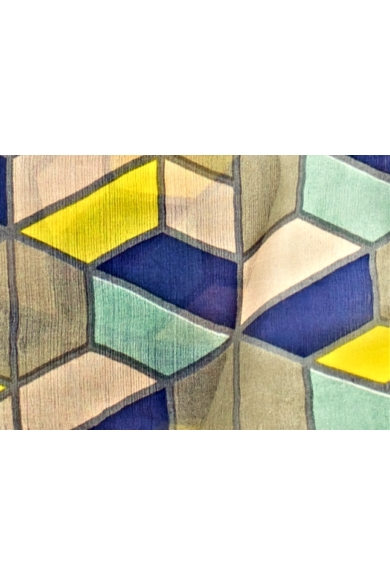 Kék, zöld, szürke és rózsaszín geometriai mintás 100% valódi hernyóselyem sál 50x180cm
