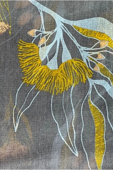 Füstszín alapon mintás 100% valódi hernyóselyem sál 50x180cm