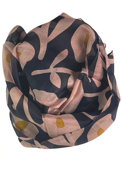 Párizsikék alapon flamingórózsaszín mintás 100% valódi hernyóselyem sál 50x180cm