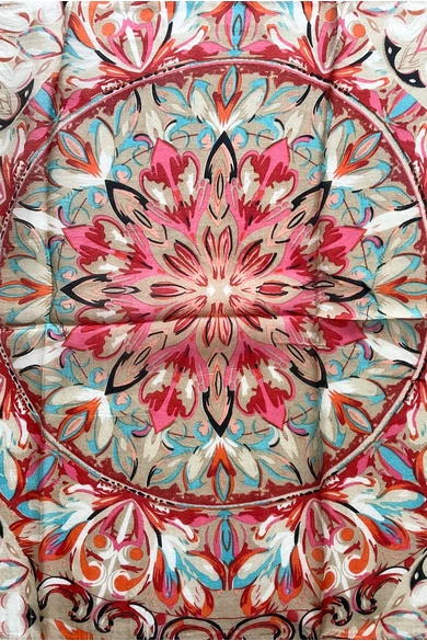 Bézs alapon narancs, rózsaszín virágmintás 100% valódi hernyóselyem sál 50x180cm