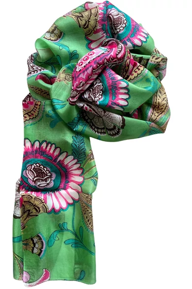 Turmalinzöld alapon mintás 100% valódi hernyóselyem sál 50x180cm
