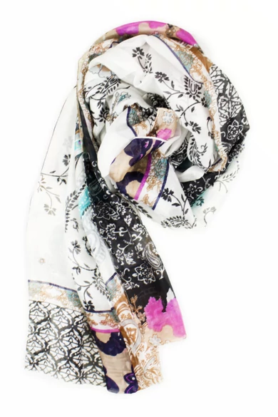 Lótuszvirág mintás fehér alapon pink és türkiz 100% valódi hernyóselyem sál 100x180 cm