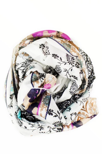 Lótuszvirág mintás fehér alapon pink és türkiz 100% valódi hernyóselyem sál 100x180 cm