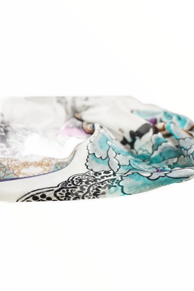 Lótuszvirág mintás fehér alapon pink és türkiz 100% valódi hernyóselyem sál 100x180 cm