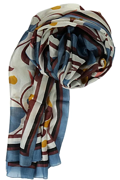 Hollandkék keretben virágmintás 100% valódi hernyóselyem sál 100x180 cm