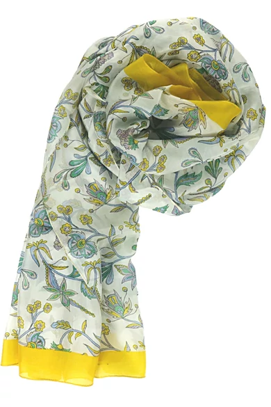 Krókuszsárga keretben virágmintás 100% valódi hernyóselyem sál 100x180 cm