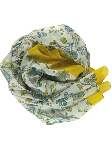 Krókuszsárga keretben virágmintás 100% valódi hernyóselyem sál 100x180 cm