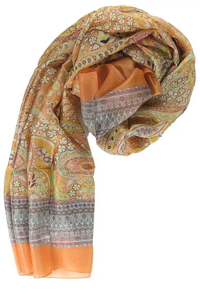 Rózsaszínes narancs alapon paisley mintás 100% valódi hernyóselyem sál 100x180 cm