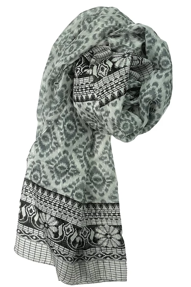 Hófehér alapon éjfekete bordűr, ezüstszürke mintával 100% valódi hernyóselyem sál 100x180 cm