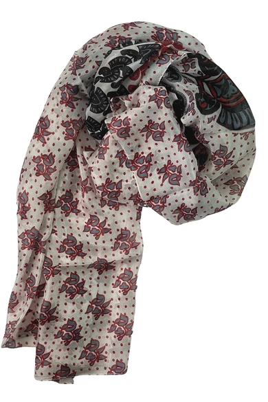 Orchideafehér alapon asztroszürke és bársonypiros mintás 100% valódi hernyóselyem sál 100x180 cm