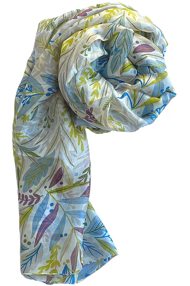 Acélkék, angolkék, olívazöld, burgundivörös levélminta chamois alapon 100% valódi hernyóselyem sál 100x180 cm