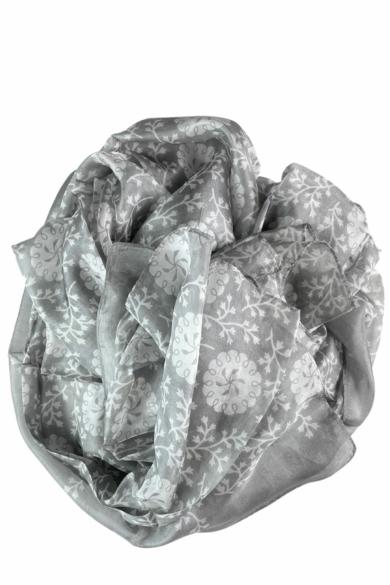 Ezüstszürke alapon flamandfehér mintás 100% valódi hernyóselyem sál 100x180 cm