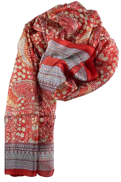 Lángvörös alapon paisley mintás 100% valódi hernyóselyem sál 100x180 cm