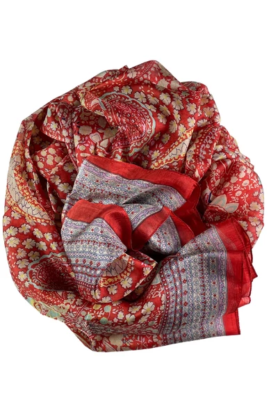 Lángvörös alapon paisley mintás 100% valódi hernyóselyem sál 100x180 cm