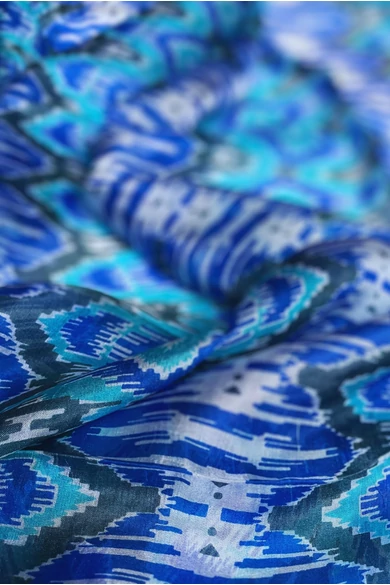 Kék, türkiz, szürke mintás 100% valódi hernyóselyem sál 100x180 cm